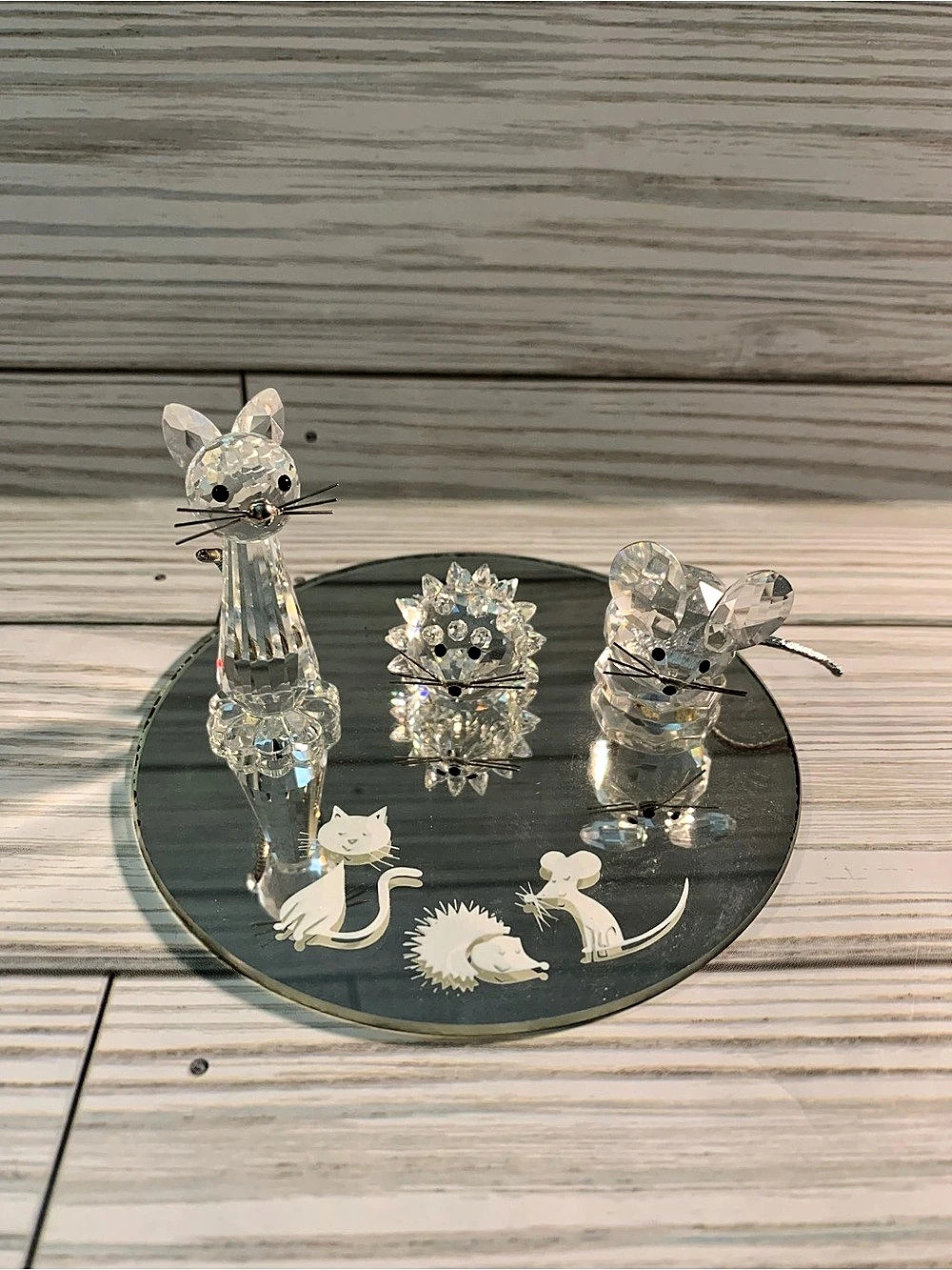 Vintage Swarovski 4 pc Crystal Set Cat Mouse Hedgehog Mirror